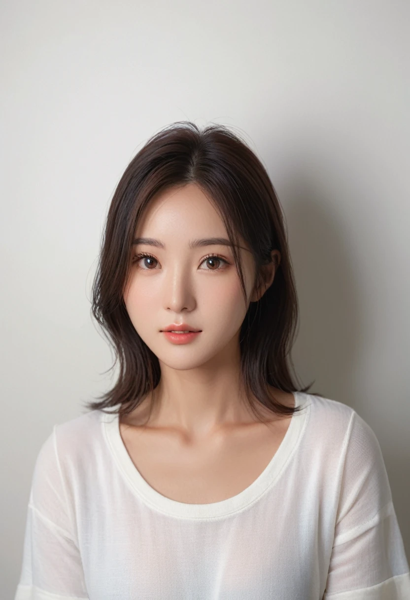 Best Quality, 8k, Masterpiece, (Portrait: 1.3), (photo realistic:1.4), (hyper realistic:1.4), Sharp Focus, looking at viewer, (smoother lighting:1.1), (increase cinematic lighting quality:0.9), realistic lighting, backlighting, light on face, ray trace, (brightening light:1.2), (Increase quality:1.4), sharp detail, (best quality real texture skin:1.4), finely detailed eyes, black_eyes, finely detailed face, 25 year old Korean woman
