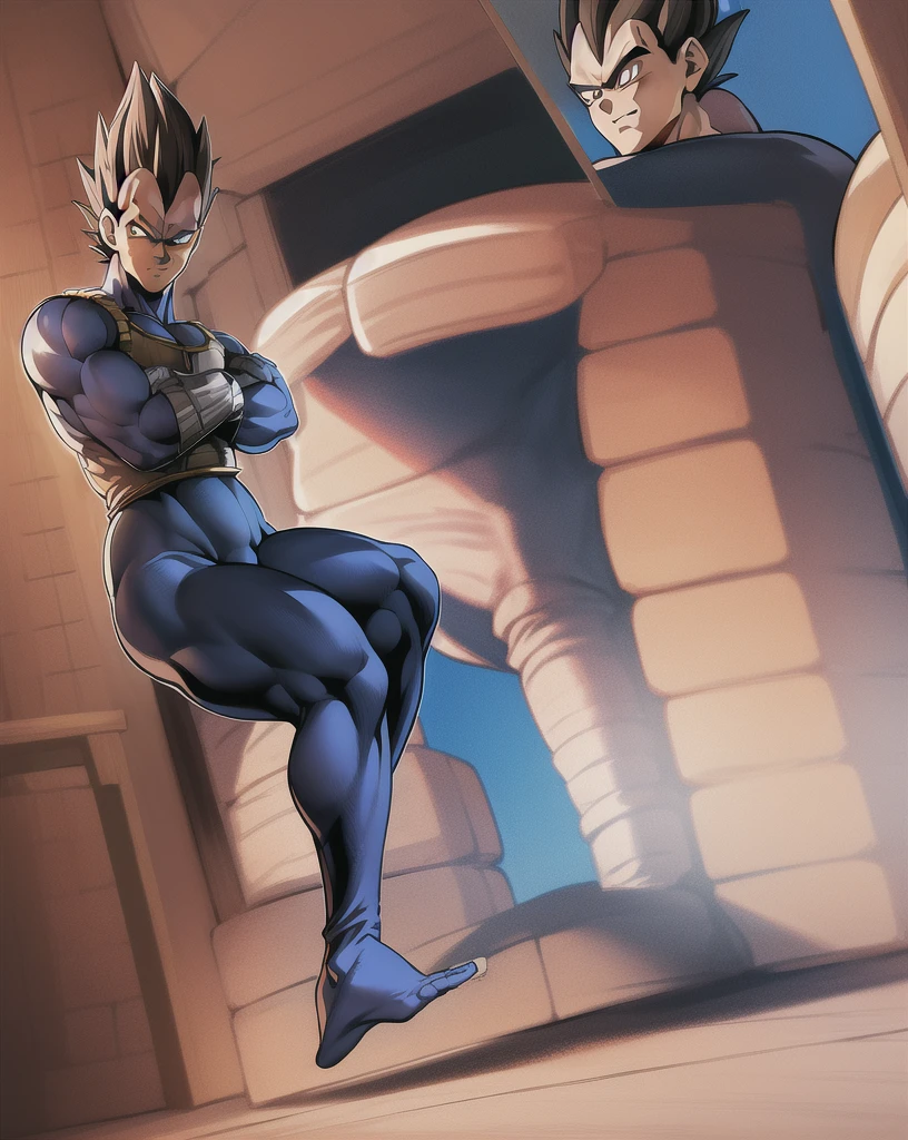 1guy, masterpiece, best quality, absurdres, wallpaper, detailed face, detailed eyes, Vegeta , full body, Sayian armor, massive bulge , laying spreadlegs , legs up