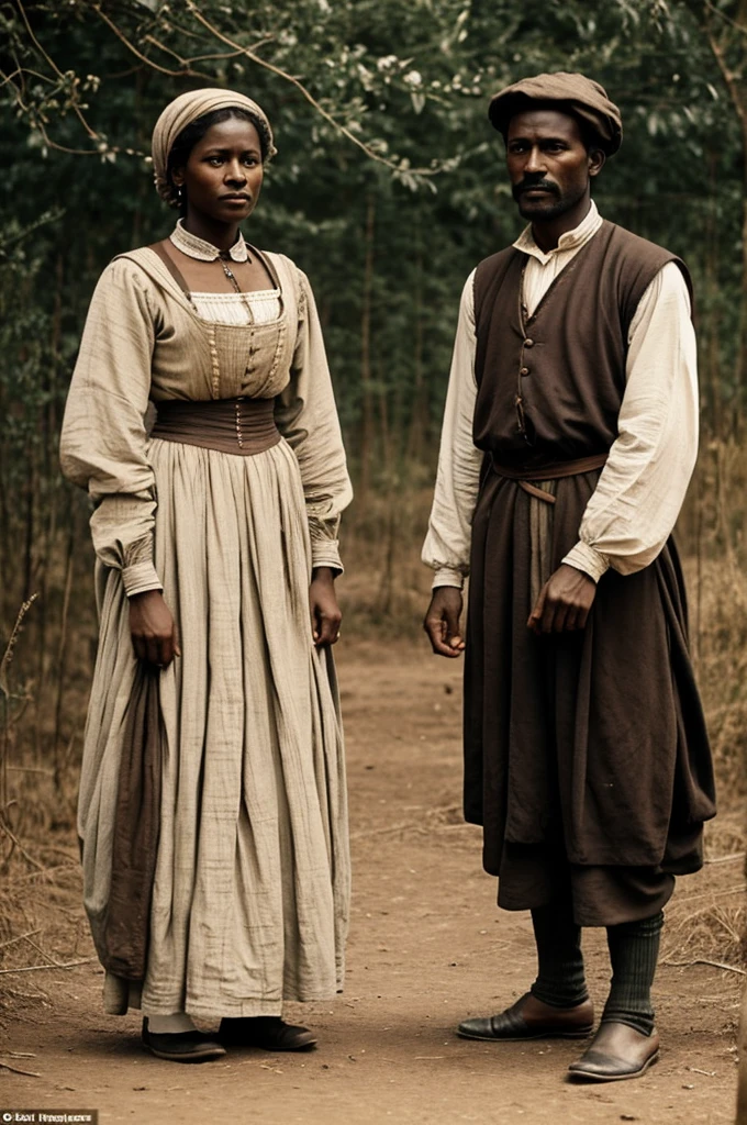 creates an image of a dark-skinned peasant 1 man and a woman in 1891 clothing