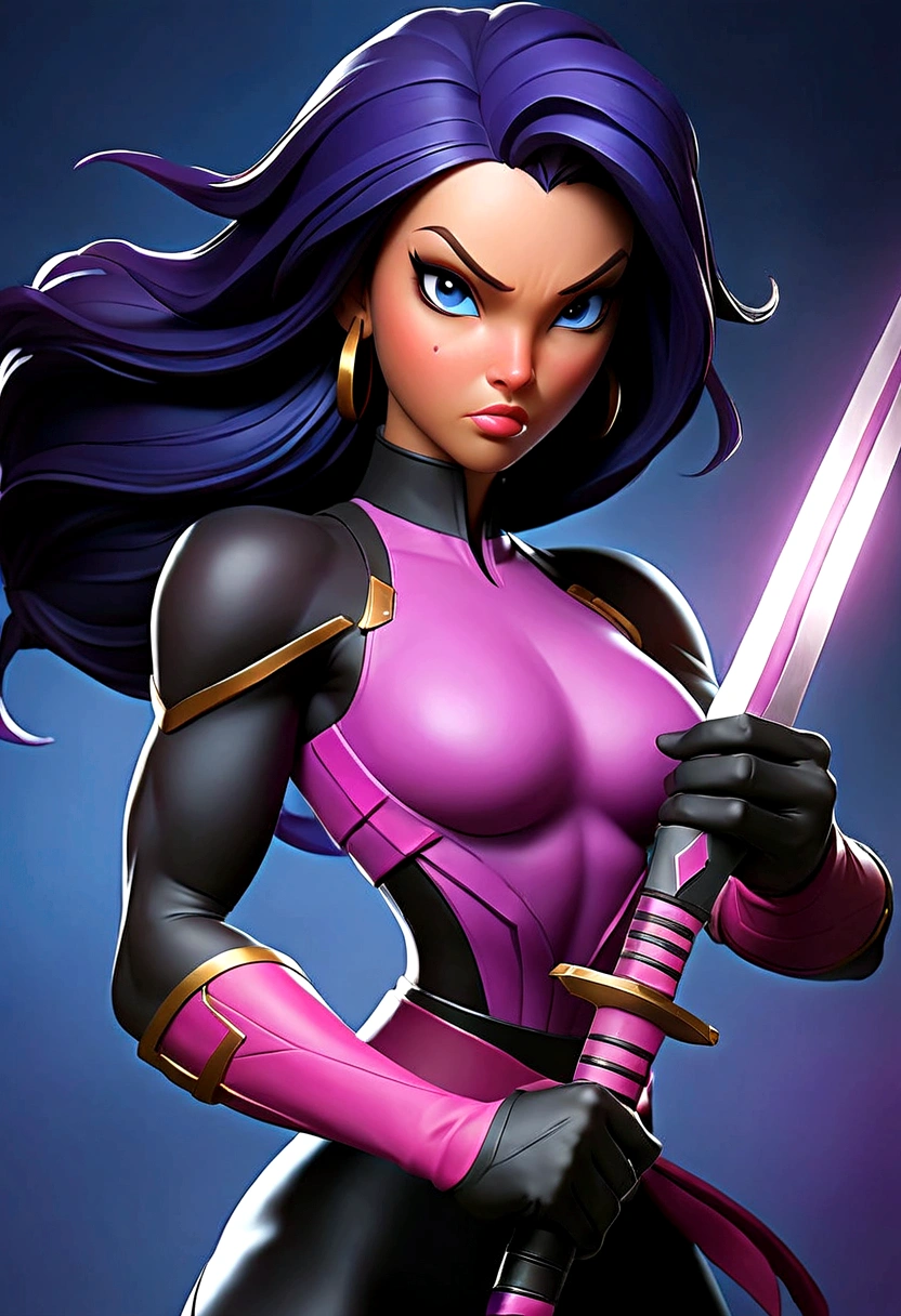 Arafed woman with big abs muscle viens dressed in latex holding a sword and a sword., psychopath, PSYLOCKE de los x men, PSYLOCKE de los x men, young ninja gaiden portrait, retrato seductor de PSYLOCKE, Samira from league of Legends, PSYLOCKE de los xmem, PSYLOCKE, cosplay, heroine, PSYLOCKE, black/ very gold and violet suit bright blue eyes. every smile at the camera