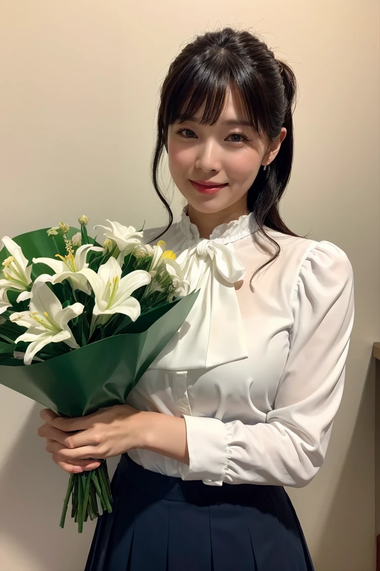 Medium Size Display, Medium Shot, Written boundary depth, bust, Upper Body, Movie angle, masterpiece, Highest quality, Very detailed, CG, 8k wallpaper, Beautiful Face, Delicate eyes, Otome, alone, smile, bangs, skirt, Formal blouse, Bouquet of lilies