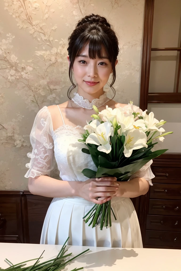 Medium Size Display, Medium Shot, Written boundary depth, bust, Upper Body, Movie angle, masterpiece, Highest quality, Very detailed, CG, 8k wallpaper, Beautiful Face, Delicate eyes, Otome, alone, smile, bangs, skirt, Formal blouse, Bouquet of lilies