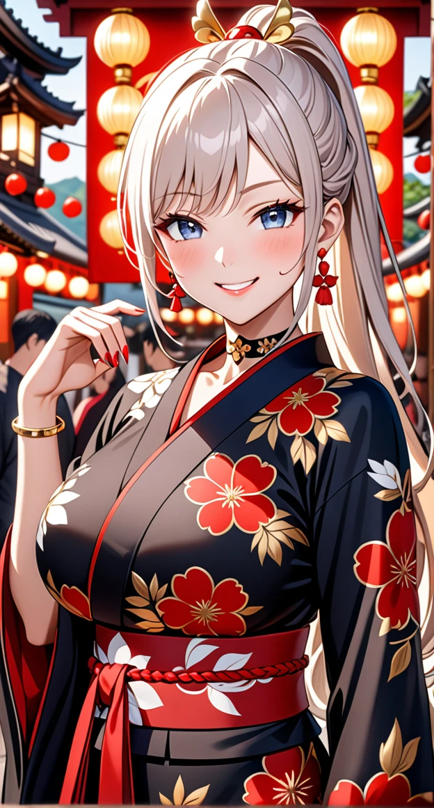 ultra-detailed, ((one girl)), hyper detailed, absurdres, 8K,Cute face, (Laugh shyly), ((teasing smile:1.8)), ((Wink:1.8)), (Laugh with your mouth wide open:1.3),(Tilt your head:1.3), View your viewers, ((Bright red cheeks:1.6)),Glossy Red Lips, ((Big Breasts:1.5)) night, Shrine festival stalls, (Brighten your face), ((Anime style background)),masterpiece, Highest quality, so beautiful,Latest, Complex details, (Pink long nails), (nail art), (ring),(bracelet), (Floral Choker),AI-generated, Complex,High resolution, Highest quality, super high quality,3D Images、3D Images,One person,Long white hair,(High Ponytail), Anime woman posing for a photo, (beautiful eyes), ((White-blue eyes:1.1)), ((Fine grain、Grey Eyes、glowing eyes:1.5)), (Squint your eyes:1.1),a hyperRealistic , hyperRealistic , Realistic,Anime woman with long white hair, Smooth anime CG art, With gold embroidery、A girl in a gorgeous kimono, ((Black long sleeve kimono:1.3)),(Red large floral pattern) ,Long flower hair ornament,Floral Earrings,Mature Body, expensive,Abdominal muscles,Tight waist,((Zoom in on face:2.1)),(front view),