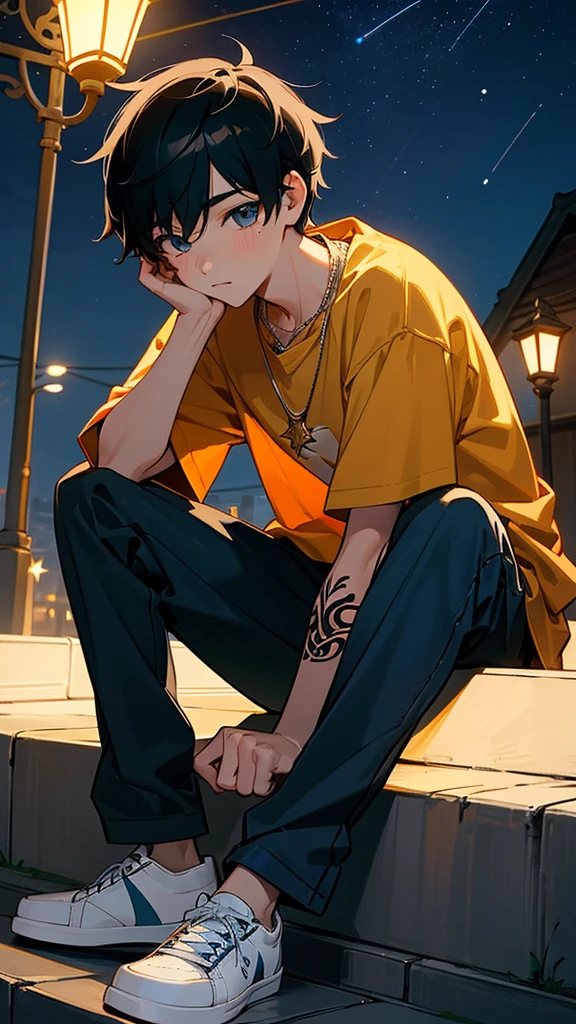 a young boy,dressed in casual clothes,wear sneakers,with necklace,sit under a street lamp,night,Look up and count the stars in the sky,people々close-up of,ultra high resolution, tatto