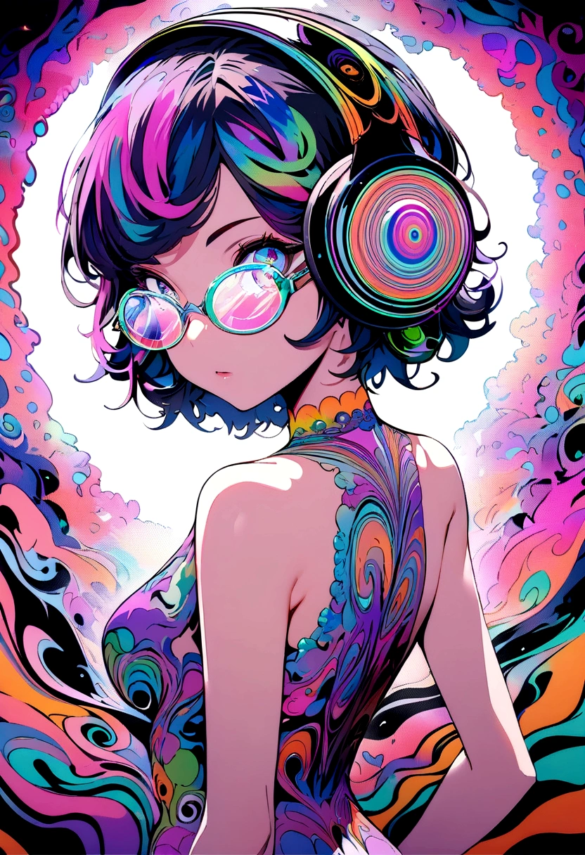 ((top-quality)), ((​masterpiece)), (extremely detailed fine touch:1.3), psychedelic art, psychedelic girl, solo, psychedelic short hair, (((psychedelic under-rimmed glasses:1.3))), (psychedelic headphones:1.3), ,  arms, 