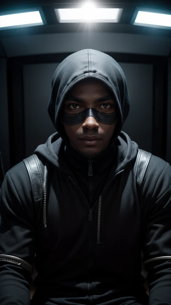 Create a character "black skin masked male." in a podcast studio, looking at the camera in front of you.