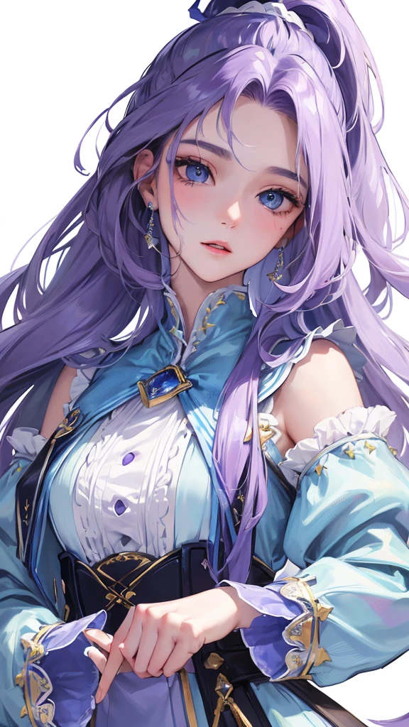 (Top resolution、Distinct_image)top-quality、femele、masterpiece、highly detailed、Semi-realistic、blue eyes、18year old、young、students clothing、Exquisite facial features、Facial features、unique hairstyle, variations, potrait, white background, purple hair , ponytail