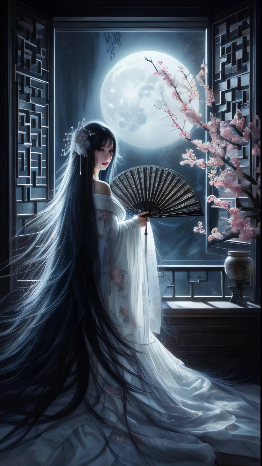 An ultra beautiful Asian woman long blue-black hair, holding a very ultra ornate long black ancient liquored Asian fighting fan, wearing a long white cherry blossom Chinese womans dressing gown, in a darkened room of moonlight streak in through the opened balcony window, Chinese garden, night sky, black ink, in the style of Caravaggio, Fan Zhongzheng, and Da Vinci, 8k resolution, hyperdetailed, photorealistic, an oil painting art style, Sfumato, Masterpiece, fox eyes, LAassunity