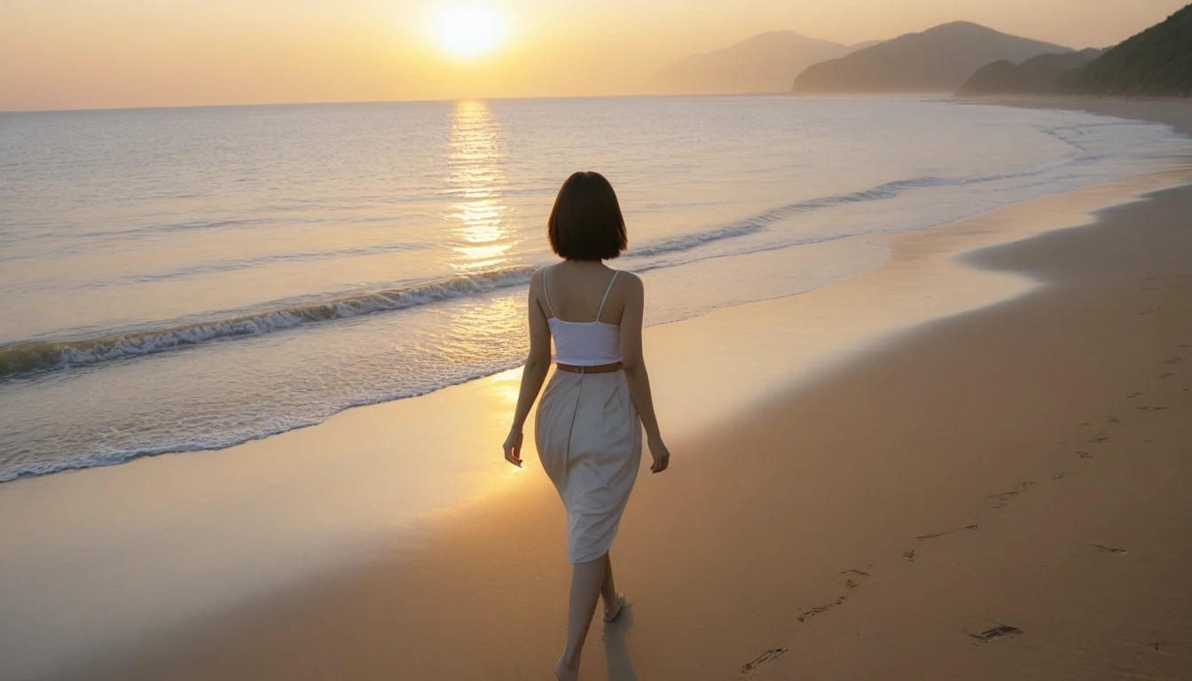 K Realistic, living photos, Realistic appearance of nature, , Woman walking along the beach at sunset. Walking in the distance with a wide angle lens , Back view of an Asian woman wearing a light skirt, burning sunset light, Short hair