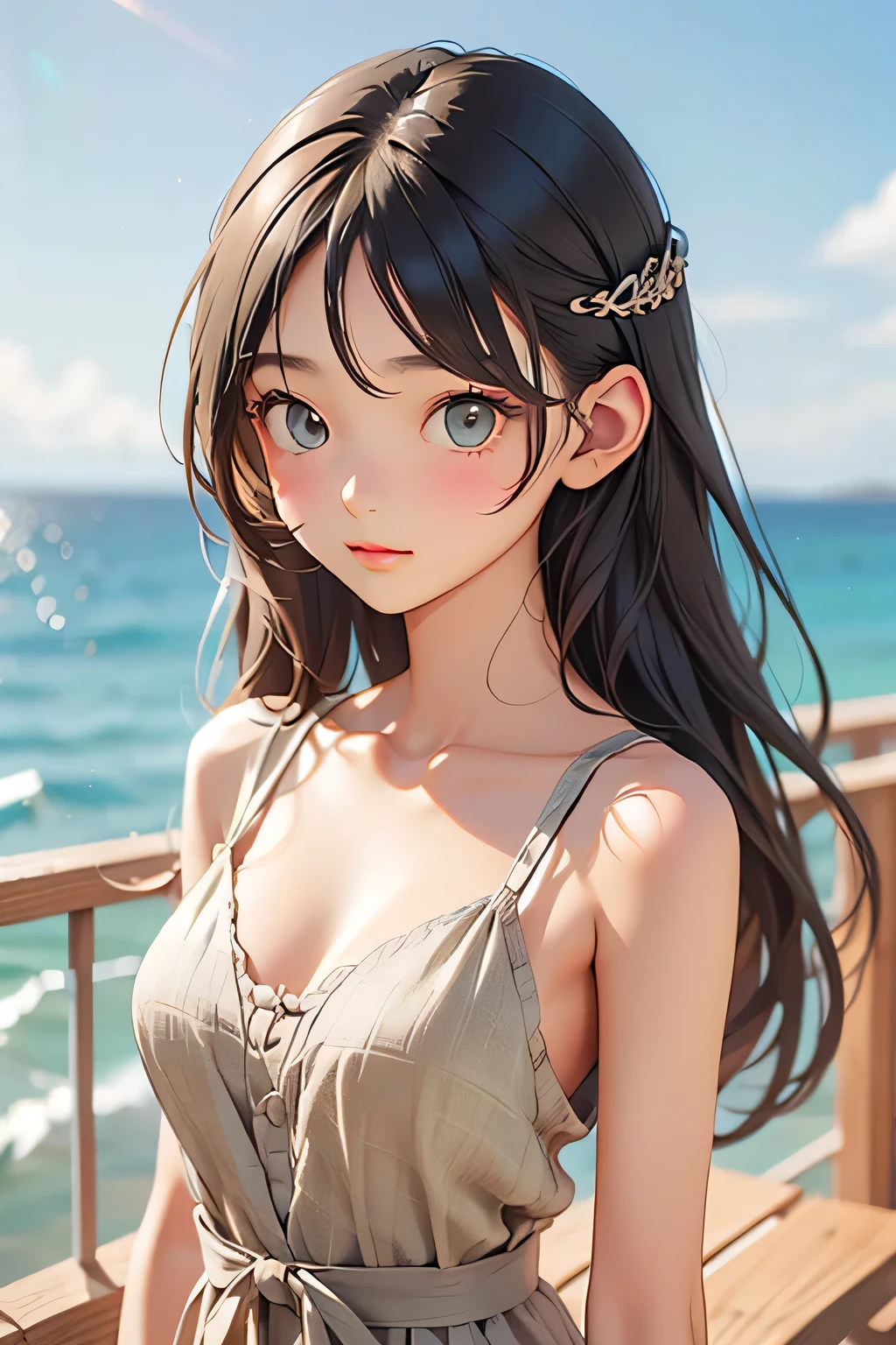 highest quality、Realistic、girl、Silver Hair、Dark green eyes、Long Hair、Lemon Yellow Dress、Tanned dark skin、Tan Skin、Brown black skin、Chubby body、Ocean、Bust Shot