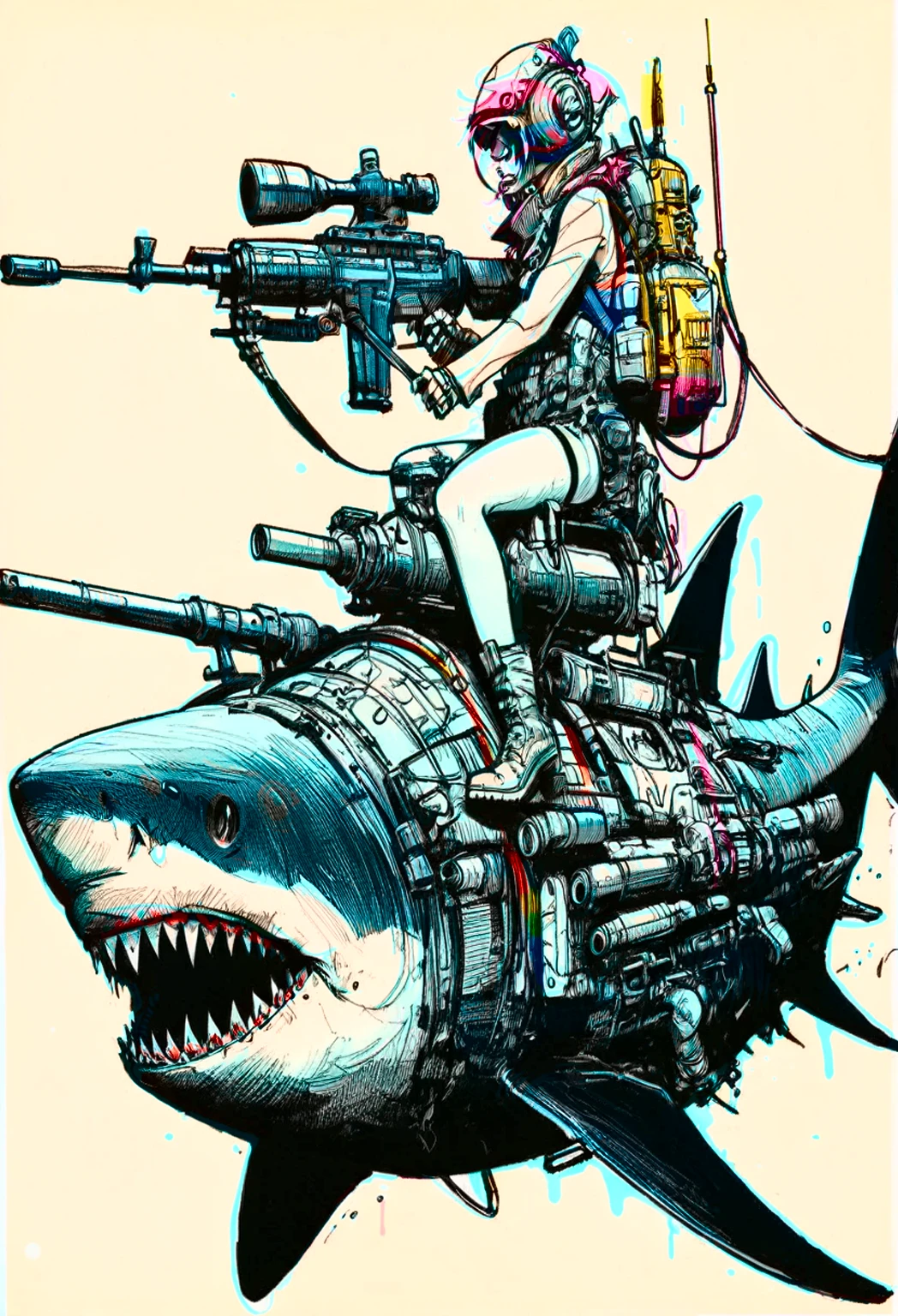 deep sea abyss, VHS, glitch, distorted, nostalgia, 90's retro vibes, analog tape, vcr aesthetics, tv, television, hand drawn, (full roygbiv color) ink charcoal expressive illustration, no light source, darkness, light mask uv rays across face, illustate (jamie hewlett style) tank girl, riding a shark submarine, sketch, unfinished, expressive ink bold line style, cinematic, splash page, wearing deep sea submersion suit, submarine shark sense of movement and energy

