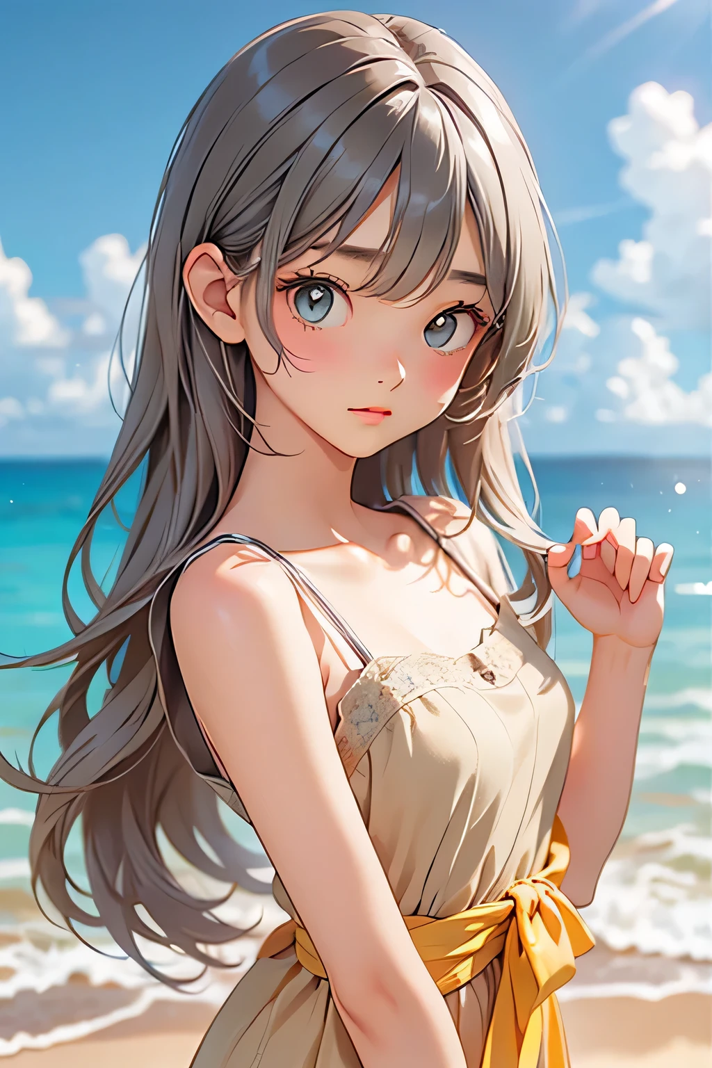 highest quality、Realistic、girl、Silver Hair、Dark green eyes、Long Hair、Lemon Yellow Dress、Tanned dark skin、Tan Skin、Brown black skin、Chubby body、Ocean、Bust Shot