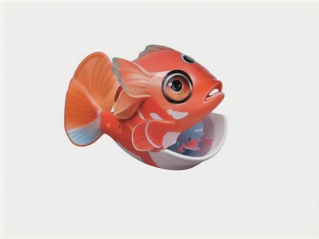Cute fish,fish with open mouth,There is a toy fish sitting in the cup, Orange head,Fish ball mouth, plastic toys, fish face, Fish mirror, Cute fish, Clownfish, kids toys, large fish eyes, product photo,4K,8K,Ultra-HD Rendering,Ultra-detailed rendering,3D Rendering