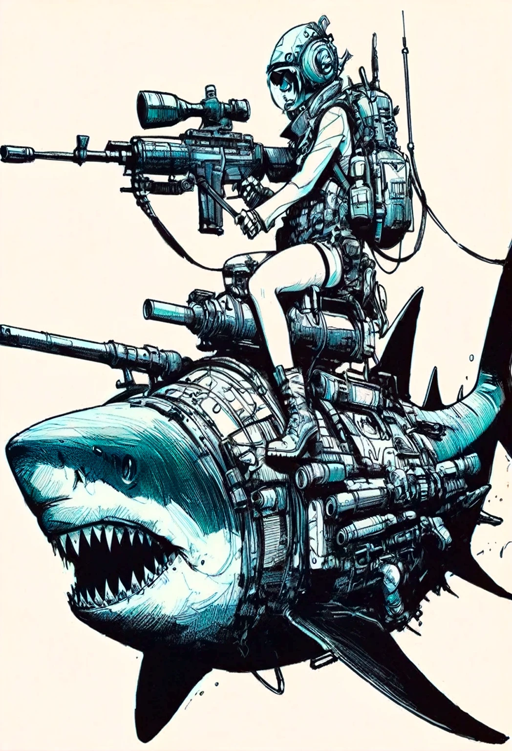 deep sea abyss, VHS, glitch, distorted, nostalgia, 90's retro vibes, og tape, vcr aesthetics, tv, television, hand drawn, (full roygbiv color) ink charcoal expressive illustration, no light source, darkness, light mask uv rays across face, illustate (jamie hewlett style) tank girl, riding a shark submarine, sketch, unfinished, expressive ink bold line style, cinematic, splash page, wearing deep sea submersion suit, submarine shark sense of movement and energy