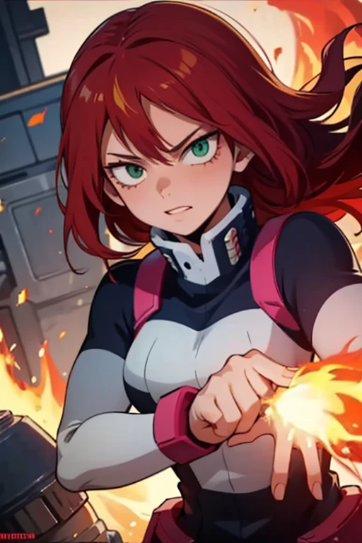 teen woman in my hero academia , Green eyes , red hair, controlling the fire