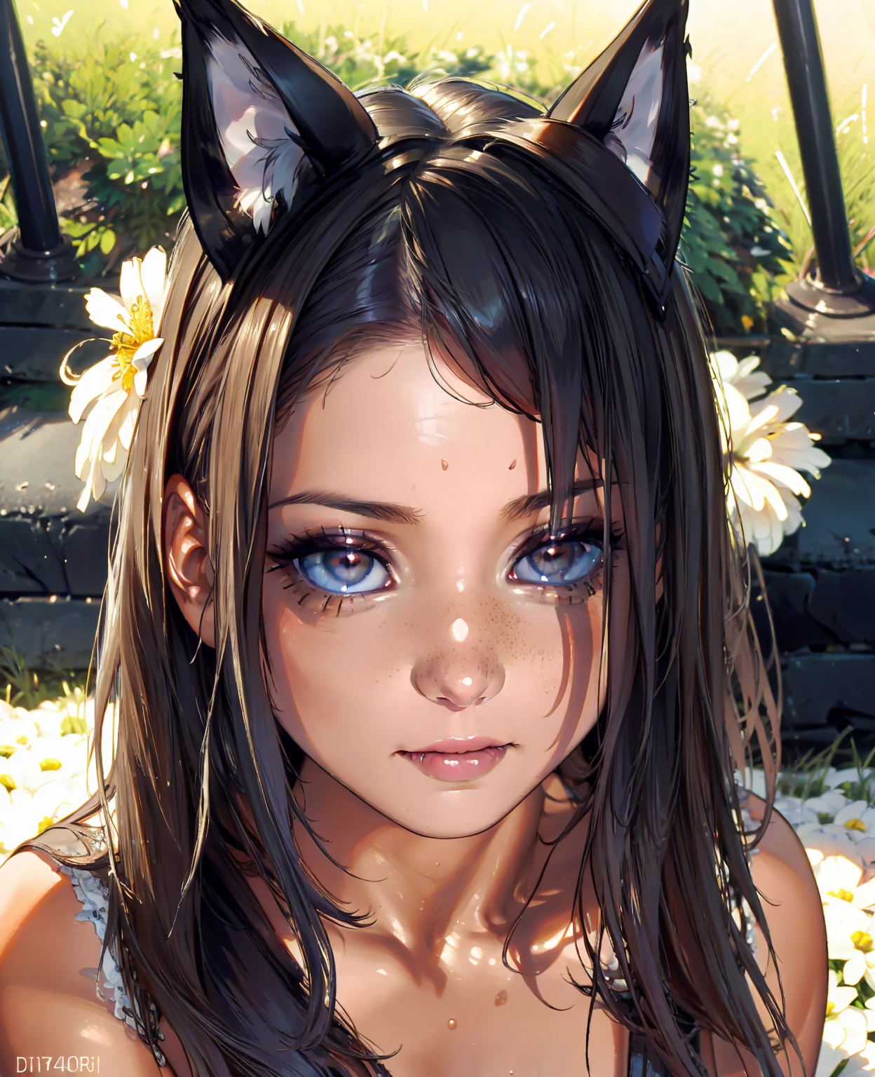 a foxy girl, 1girl, cute animal ears, fluffy tail, mischievous expression, detailed face, beautiful detailed eyes, beautiful detailed lips, looking at viewer, outdoors, meadow, flowers, sunlight, warm color palette, cinematic lighting, intricate details, delicate features, fantasy, (best quality,4k,8k,highres,masterpiece:1.2),ultra-detailed,(realistic,photorealistic,photo-realistic:1.37)