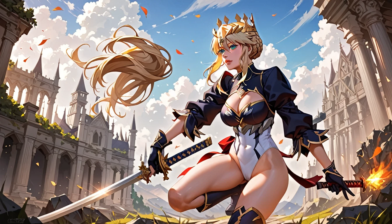 score_9, score_8_up, score_7_up, score_6_up, uncensored, artoria pendragon (lancer) (fate), blonde hair, braid, tiara, lips, BREAK (masterpiece:1.2), best quality, high resolution,(detailed eyes:1.3), perfect lighting, (perfect hands, perfect anatomy), large breasts, white thong leotard, battle_stance, one_leg_raised, holding katana,  glow effects, godrays, Hand drawn, Vivid colors, extremely detailed CG unity 8k wallpaper, trending on CGSociety, Intricate, High Detail, dramatic, hollow eyes,