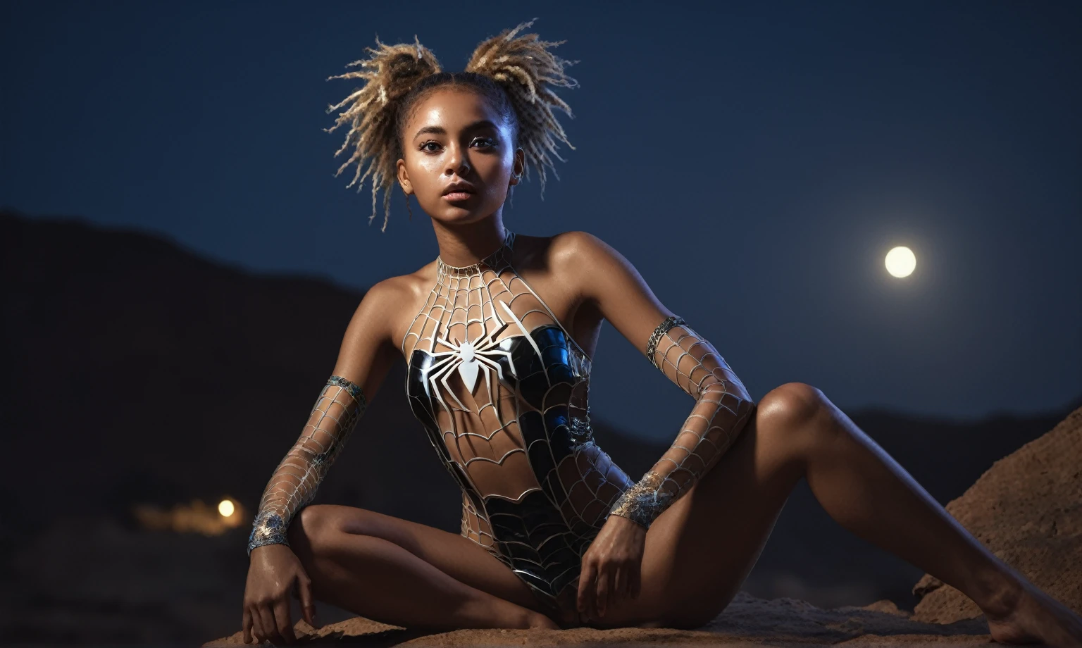 full body length,spidergirl of Calcite,babygirl,native african,intricate details,realistic humid skin,extremely intricate,Epic Realistic, Romantic, cinematic style,irina yermolova, messy hair,luminous eyes,extremely detailed, [night landscape],masterpiece,intricate details,faded,eyes extremely detailed, high detailed eyes,4k resolution,RAW, Nikon Z9,photosnap in action