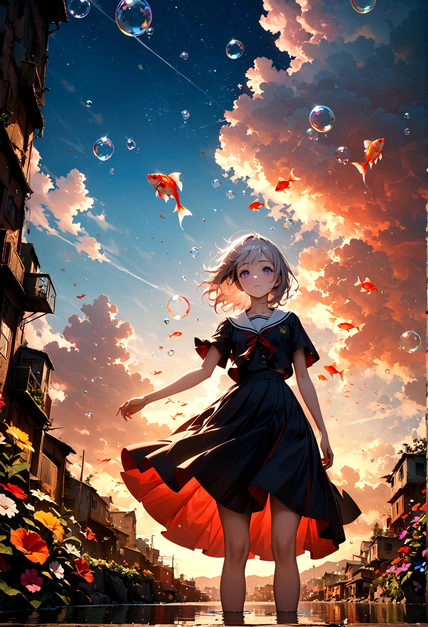 woman\(student, 15 years old, JK, Short silver hair floating, Space-colored eyes, school black uniform, Pale skin, Tired face、lack of shine in the eyes\) Looking up at the sky, (Many shiny red scale goldfish swimming in the air), (Transparent bubbles, like those in water, sparkle here and there in the sky.), Beautiful sky, Beautiful Clouds, There is a puddle on the ground、The scenery is beautifully reflected, Looking up at the wide sky from the cramped back alleys of the slums, Colorful summer flowers are blooming everywhere., I see the wind blowing and shining, There is a noon moon and a noon star in the sky,From below, break ,quality\(8K,非常に精細なCGユニットのwallpaper, masterpiece,High resolution,top-quality,top-quality real texture skin,Surreal,Increase the resolution,RAW Photos,最高quality,Very detailed,wallpaper,Cinema Lighting,Ray-tracing,Golden Ratio\),