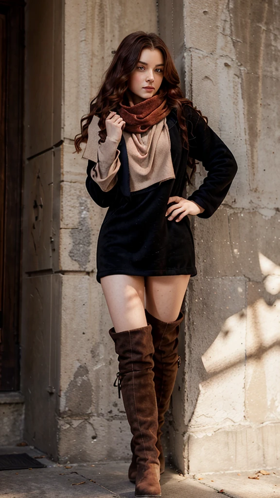 Redhead teenage short girl, standing. black loose fleece dress. Beige scarf. suede knee high Black boots. [small breasts]. UHD. Detailed. High LOD. slightly wavy hair. Full Body. hair with little volume. black top. black thighs