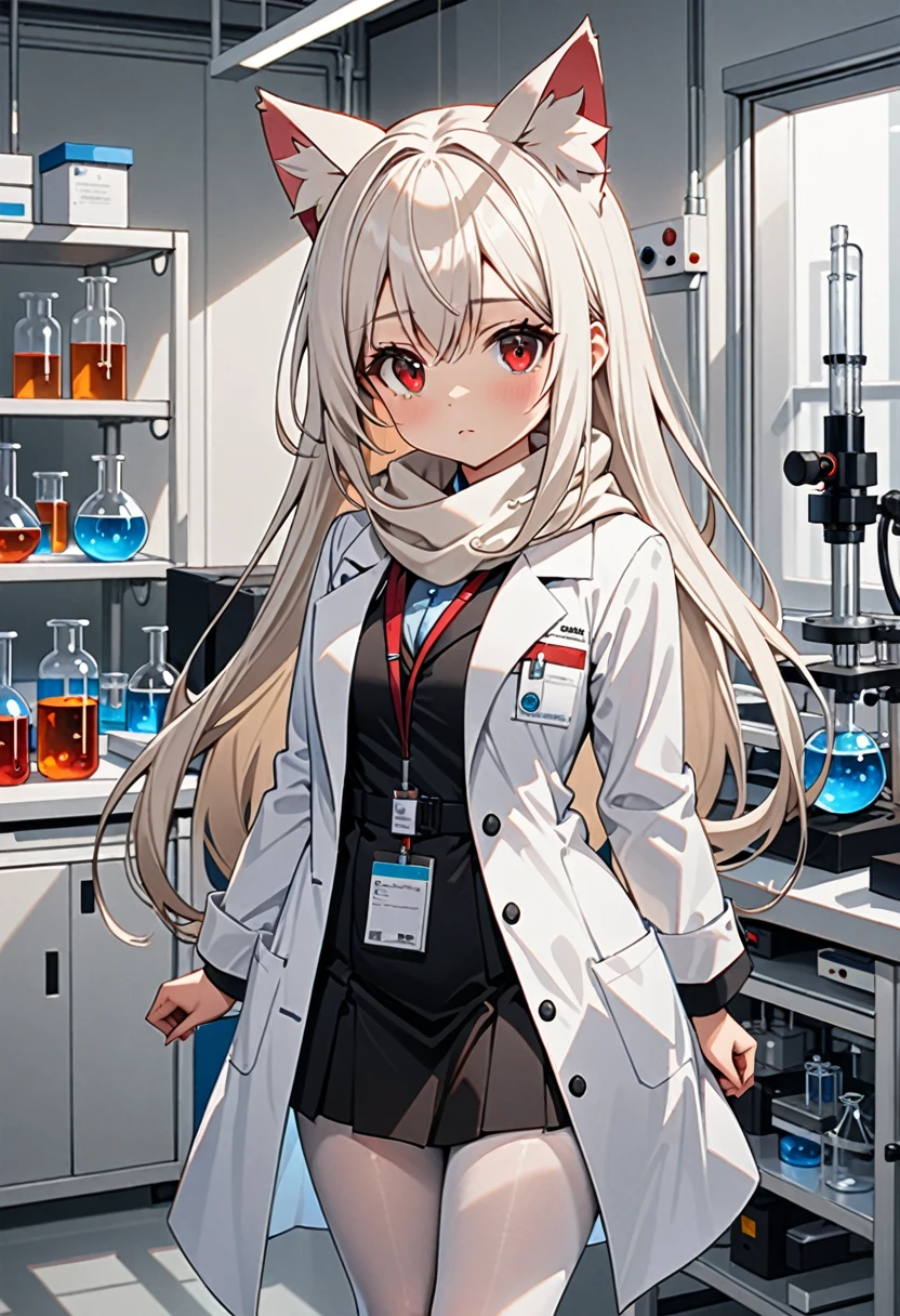masterpiece, highest quality, highest resolution, clear_image, detailed details, White hair, long hair, cat ears, 1 girl, red eyes, white lab coat (with a black short skirt), white pantyhose, white scarf (around the neck), cute, full body, no water marks, laboratory, no extra limps, no extra body