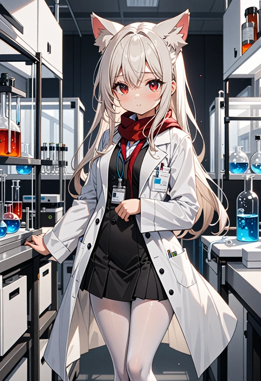 masterpiece, highest quality, highest resolution, clear_image, detailed details, White hair, long hair, cat ears, 1 girl, red eyes, white lab coat (with a black short skirt), white pantyhose, white scarf (around the neck), cute, full body, no water marks, laboratory, no extra limps, no extra body