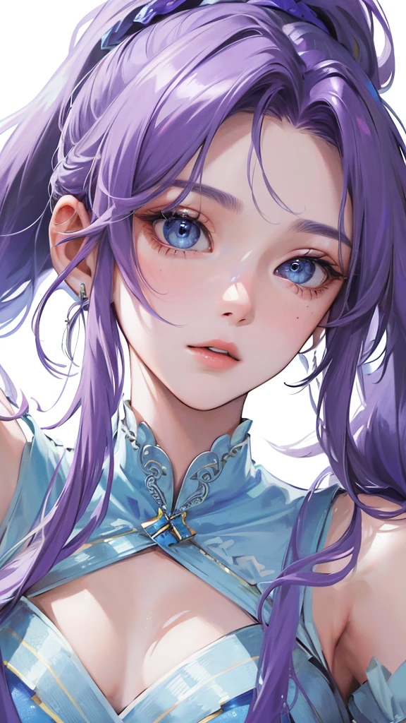 (Top resolution、Distinct_image)top-quality、femele、masterpiece、highly detailed、Semi-realistic、blue eyes、18year old、young、students clothing、Exquisite facial features、Facial features、unique hairstyle, variations, potrait, white background, purple hair , ponytail