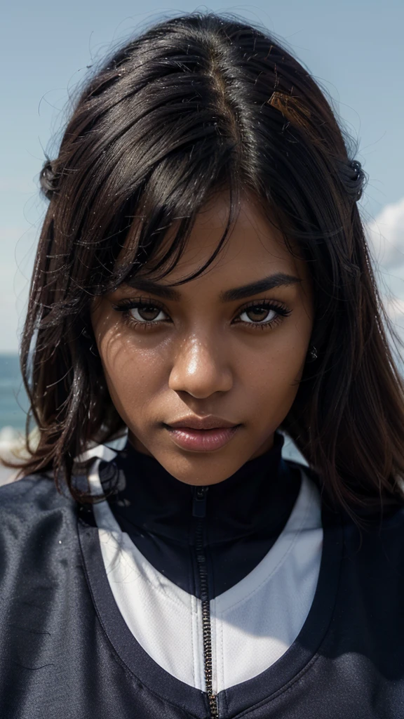 Top view of 1 black woman, extremely slim and sensual, Bblack hair((Crespo)) a little messy (over the eyes), with large, highly detailed light brown eyes, big, curled eyelashes, pouting sensually with her mouth , extremely pretty, with exuberant beauty, perfect symmetry, perfectbody, detailed skin with quality and depth, she is wearing an oversized navy blue baltimore rinno force football jersey, ultra-realistic image, perfect symmetry, vibrant and clear, high level of detail and definition, 1200 PPI – Photographic resolution with greater central realism, hyper-realistic, high-fidelity cinematic 4K UHD image resolution.