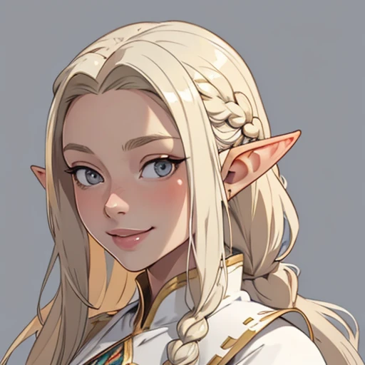 (masterpiece), (best quality),(portrait),(bust up),1girl,solo,(sharp focus),(look at viewer),selfie,smile,elf,blonde hair,long braid,(elf girl) ,gray eyes, (ancient girl:1), ancient luxurious long clothes,old school fantasy art,((simple background)),super shiny skin,Ultra Glossy Skin