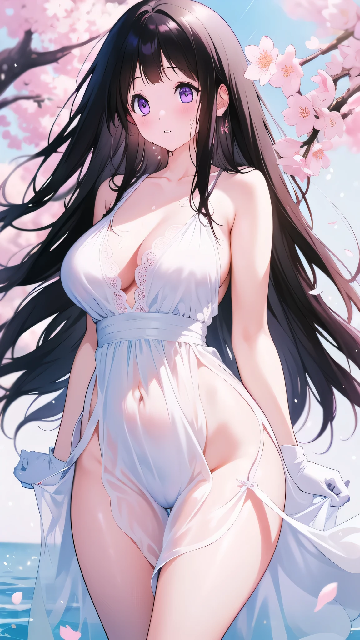 Amazing Chitanda, There is only one beautiful girl,Purple Eyes, Black Hair, Very red face,Very white skin,Glowing skin,Skin as delicate as porcelain,Naturally straight hair, Straight bangs,Extremely refined,Open lips,Long flowing hair,Beautiful Girl, Like a dream,Slim,Slim waist,soft, (sensuous), (Kawaii), Dream quality,Beautiful big breasts,Sheer loose dress,areola,Completely naked,Lower edge of breast,White gloves,Flower decoration,Deep V neckline,Loose neckline,White lace-up,Wide neckline,In school,The wind blows the hair,Place your hands on your inner thighs,Thighs clamp hands,Wet skin,Sweaty and sweaty,Sweating all over,it is raining,Next to the cherry blossom trees,Back to,Lean over,Hips,Side body,Gluteal groove,Completely naked buttocks,Bare back,Completely naked back,Light transmission,(no pants),nopan,pussy juice,Bare shoulders,There are no shoulder straps,Bare neck,Exposed collarbone,Exposing breasts,Exposing breasts side,Exposing breasts,Show your waist,Show your buttocks,Show your thighs,Exposing the groin,(No pants),extremely shy,Ultra-high resolution, (masterpiece:1.2, best quality), (Delicate and beautiful eyes: 1.2), (Beautiful and delicate face)