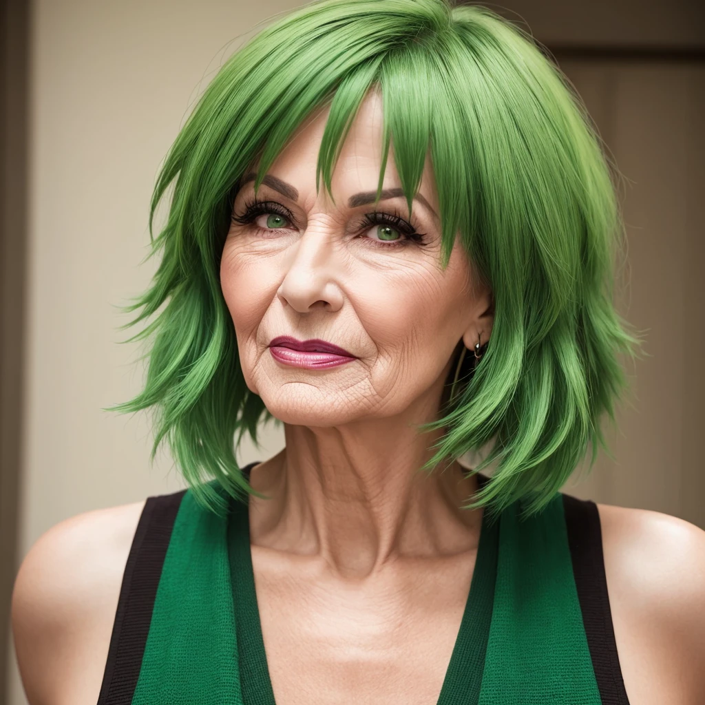 65 year old woman with short green hair and dark reddish lips
