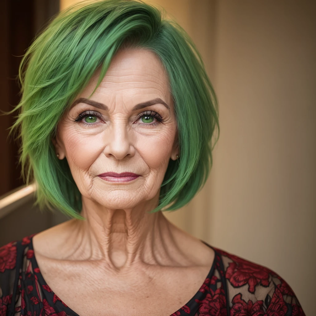 65 year old woman with short green hair and dark reddish lips
