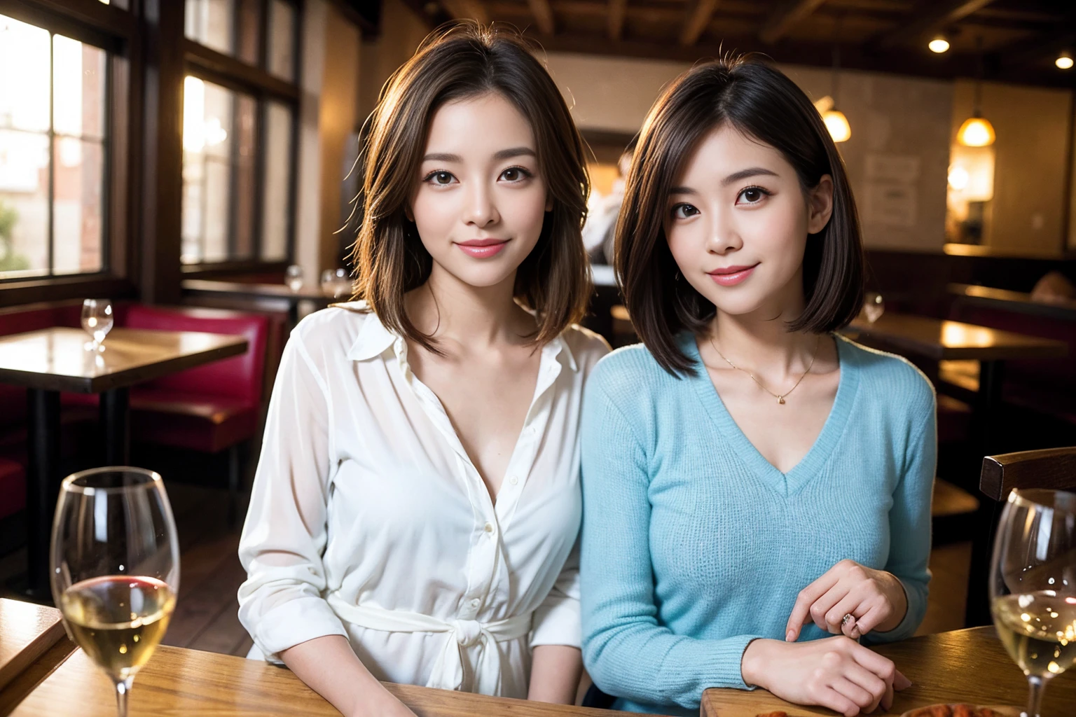 ((Highest quality、8K、masterpiece:1.3))、Yuuko Araki、slimカップル、ピンクmodelカップル、(Realistic, Intricate details:1.2), full-course dinner、Wine Party、Amazing view of the sunset sky and clouds、A bright smile、The wonderfulness of smile、Bright image、The beauty of wine, Beautiful Face, blue eyes, The light shines on your face, Blushing, short hair,Bright Face、42 years old,45 years old, red wine 、Appetizers、Italian food、Wine bottle、Champagne、sparkling wine、Two beauties、Brown Hair、Shortcuts、Long sleeve shirt、dress、Beautiful woman 1, (slimな顔), (The body is slim), (Brown Hair), (Shortcuts), cheeks turn a little red,Attractive beauty、restaurant, In a prominent place (From the waist up) Nova Frog Style, actress, model, Upper Body, White wine, slim, wine glass, 中央に置かれたwine glass, smile, (smile: 1.15), Beautiful fine grain, Depth f/2,saturation, High Contrast, Strong light and shadow,Moist Body:1.5、3D texture、Delicate eyes、Brown Hair、The hair is very shiny、