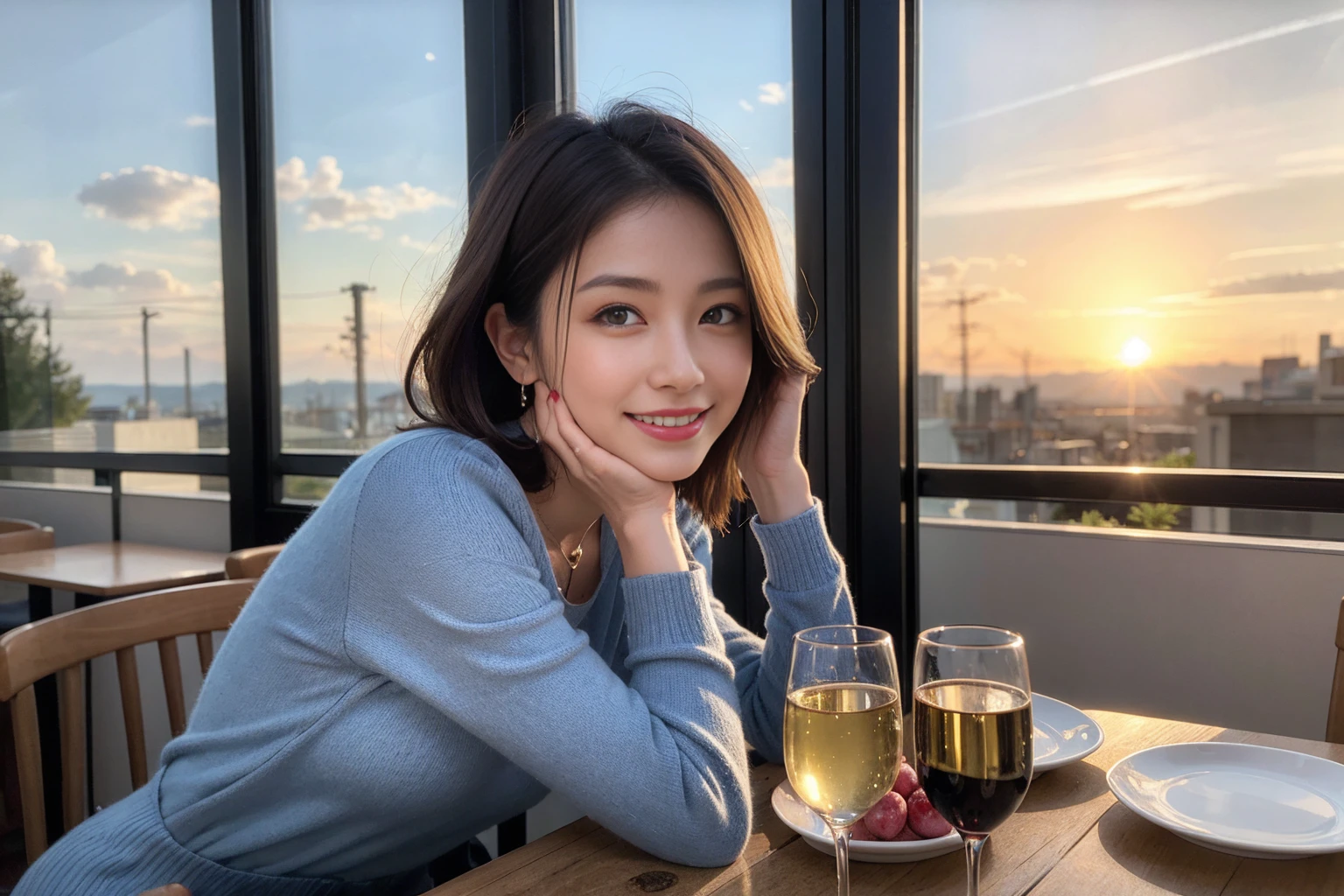 ((Highest quality、8K、masterpiece:1.3))、Yuuko Araki、slimカップル、ピンクmodelカップル、(Realistic, Intricate details:1.2), full-course dinner、Wine Party、Amazing view of the sunset sky and clouds、A bright smile、The wonderfulness of smile、Bright image、The beauty of wine, Beautiful Face, blue eyes, The light shines on your face, Blushing, short hair,Bright Face、42 years old,45 years old, red wine 、Appetizers、Italian food、Wine bottle、Champagne、sparkling wine、Two beauties、Brown Hair、Shortcuts、Long sleeve shirt、dress、Beautiful woman 1, (slimな顔), (The body is slim), (Brown Hair), (Shortcuts), cheeks turn a little red,Attractive beauty、restaurant, In a prominent place (From the waist up) Nova Frog Style, actress, model, Upper Body, White wine, slim, wine glass, 中央に置かれたwine glass, smile, (smile: 1.15), Beautiful fine grain, Depth f/2,saturation, High Contrast, Strong light and shadow,Moist Body:1.5、3D texture、Delicate eyes、Brown Hair、The hair is very shiny、