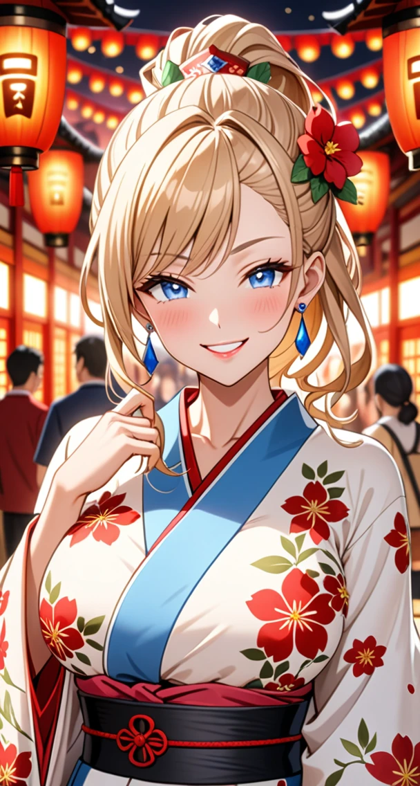 ultra-detailed, ((one girl)), hyper detailed, absurdres, 8K, Beautiful Face, (Laugh shyly), ((teasing smile:1.8)), ((Wink:2.0)), (Laugh with your mouth wide open),(Tilt your head:1.3), View your viewers, ((Bright red cheeks:1.6)),Glossy Red Lips, ((Big Breasts:1.5)) night, Shrine festival stalls, (Brighten your face), ((Anime style background)),masterpiece, Highest quality, so beautiful,Latest, Complex details, (Pink long nails), (nail art), (ring),(bracelet), (Floral Choker),AI-generated, Complex,High resolution, Highest quality, super high quality,3D Images、3D Images,One person,Blonde long hair,(High Ponytail), (Wavy Hair), Anime woman posing for a photo, ((beautiful eyes)), ((Fine grain、blue eyes、glistening eyes:1.5)), (Squint your eyes:1.1),a hyperRealistic , hyperRealistic , Realistic,Long blonde anime woman, Smooth anime CG art, Pink large floral patternの刺繍が入った、A girl in a gorgeous kimono, ((White long-sleeved kimono)),(Pink large floral pattern) ,Long flower hair ornament,Floral Earrings,Mature Body, tall,Abdominal muscles,Tight waist,((Zoom in on face:2.1)), (front view),