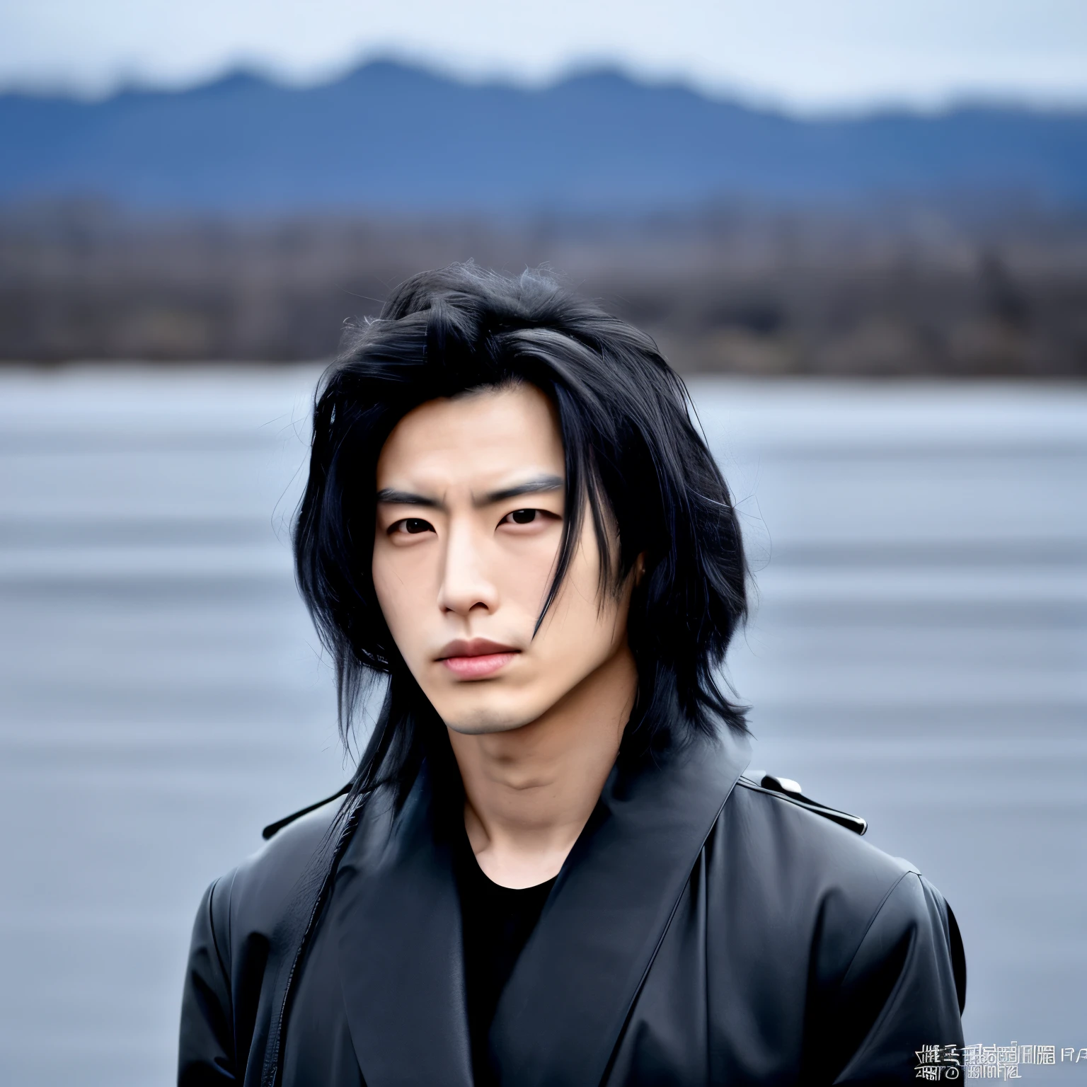 Japanese man, black hair, wavy hairstyle, medium length hair, serious expression, wearing a black jacket, standing in front of a plain background, facing forward