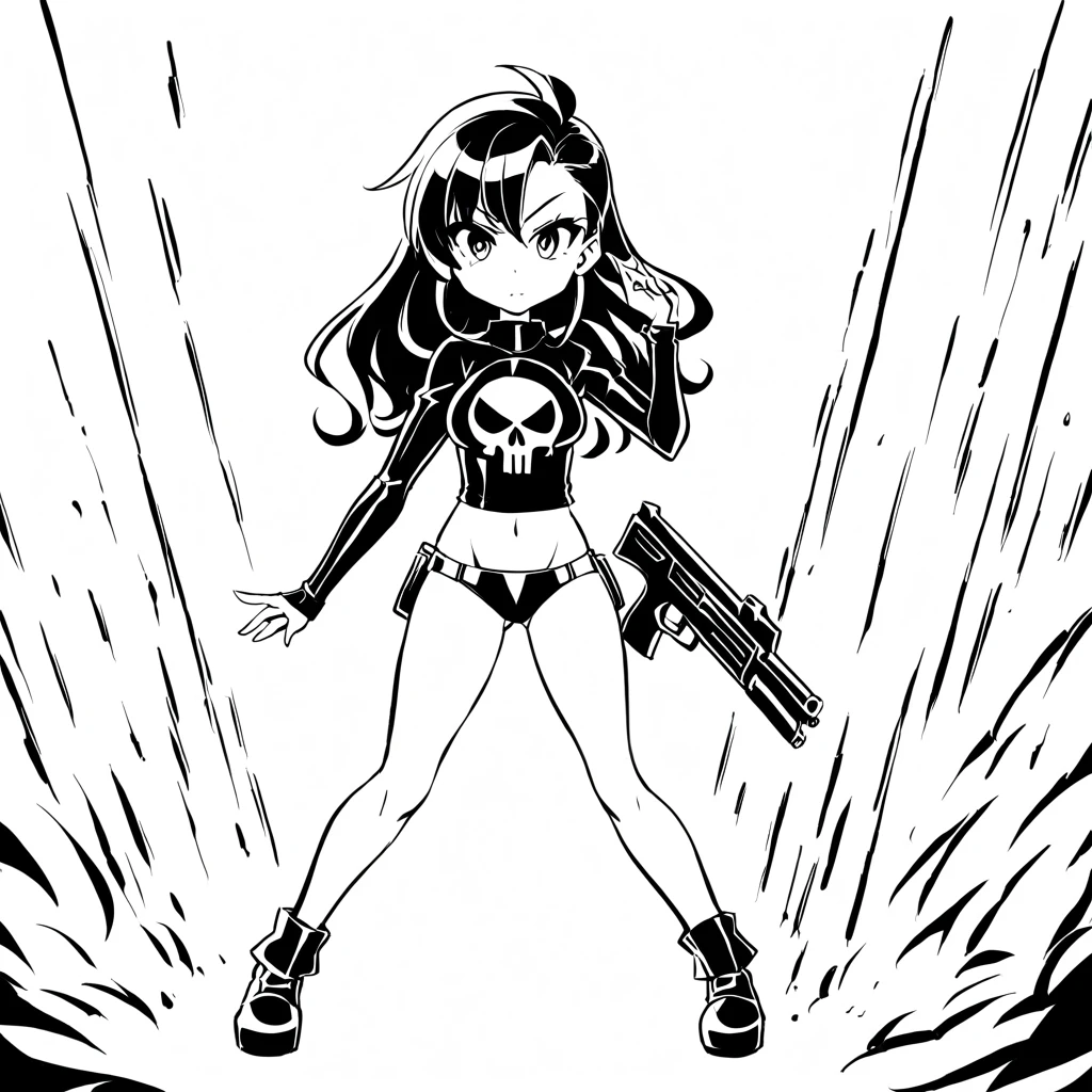 anime artwork of a young sexy punisher woman in a black punisher shirt holding one gun anime manga girl style, entire body in shot, full body shot, anime style, key visual, line art, coloring page, black and white, white background, thick ink lines, studio anime, highly detailed