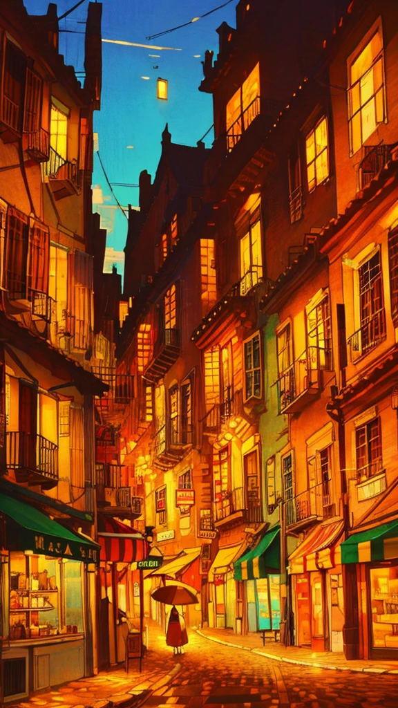 Drawings of cafe in a beautiful street, long shot, city concept art, warm colors, lovely, anime artyle, art of Winsor McCay,