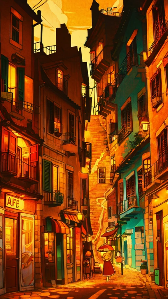 Drawings of cafe in a beautiful street, long shot, city concept art, warm colors, lovely, anime artyle, art of Winsor McCay,