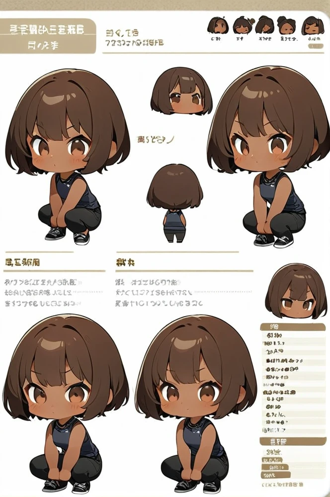 Character sheet, white background, chibi, female, short hair, simple clothes, squat pose, brown skin, cartoon style, high quality, high resolution