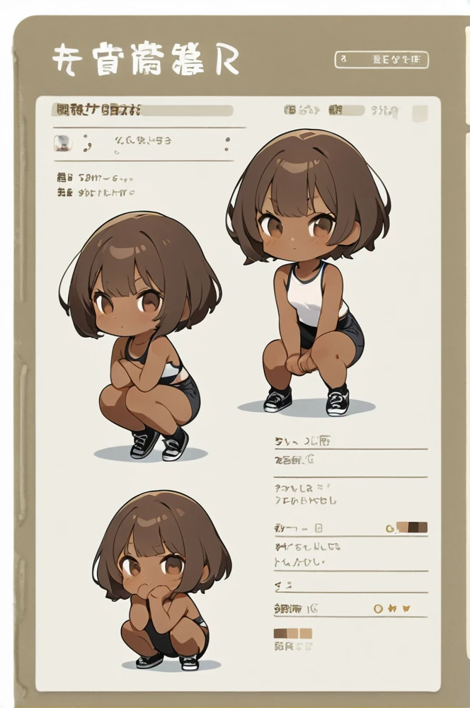 Character sheet, white background, chibi, female, short hair, simple clothes, squat pose, brown skin, cartoon style, high quality, high resolution