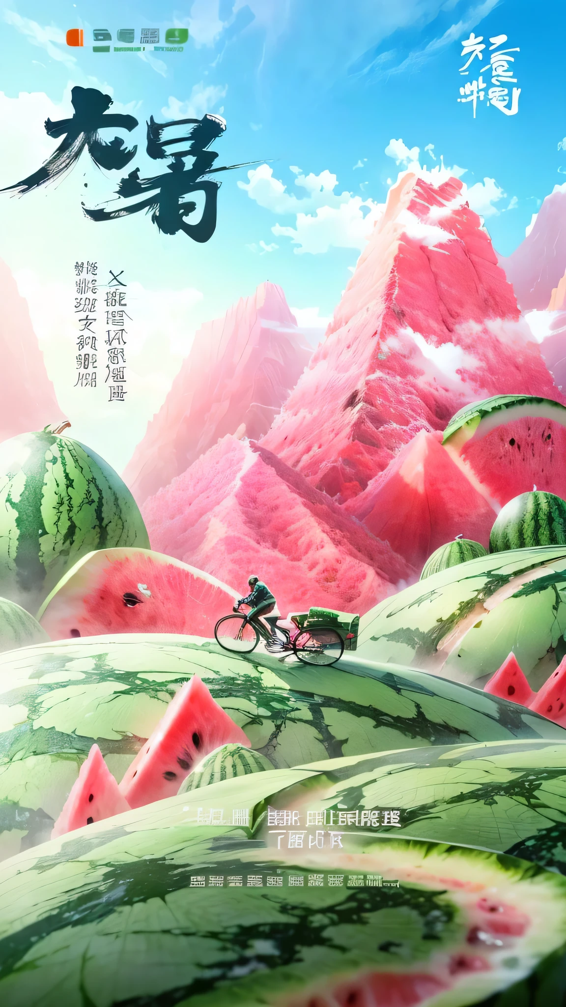 There is a poster,Above is a man riding a bicycle in the mountains, The material is!!! watermelon!!!, Promotional image, movie Propaganda Art, watermelons, Popular on cgstation, by Qu Leilei, author:Yan Hui, watermeloncore, author:Ni Yuanlu, The art of production, by Shi Zhonggui, Propaganda Art, by Cheng Jiasui