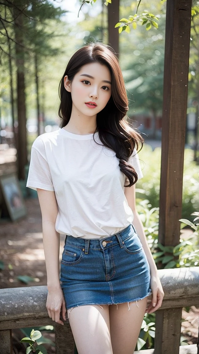 (A girl in the forest),(masterpiece, Outstanding Work,4K resolution, Surreal:1.3),Girl in white and tight denim skirt poses for photo,(whole body:1.2),t-shirt,slim,Bangs to eyebrows、Beautiful brown hair、Beautiful and delicate eyes、Brown eyes、Raise an eyebrow、High Nose、Small nostril、Little mouth、Tempting lips、Mouth slightly open、Beautiful breasts、Full body、Oval face, Both eyes, Both eyes皮, Long eyebrows, Long eyelashes, A faint smile, (Medium bust),slim的女孩模特,24-year-old female model,Soft Light,Detailed background,Coordinated body proportions,