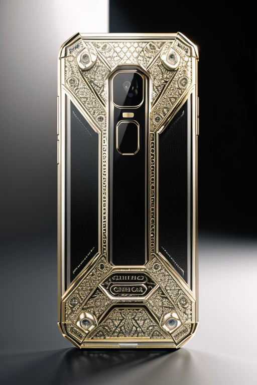 a giant luxury cellphone, highly detailed, hyper realistic, 8K, 3D model, photorealistic, perfectly lit, studio lighting, intricate details, glossy surface, metallic finish, elegant design, expensive looking, premium materials, glass screen, chrome accents, angular form, futuristic aesthetic, cinematic angles, dramatic lighting, reflective textures, clean composition, high-end technology