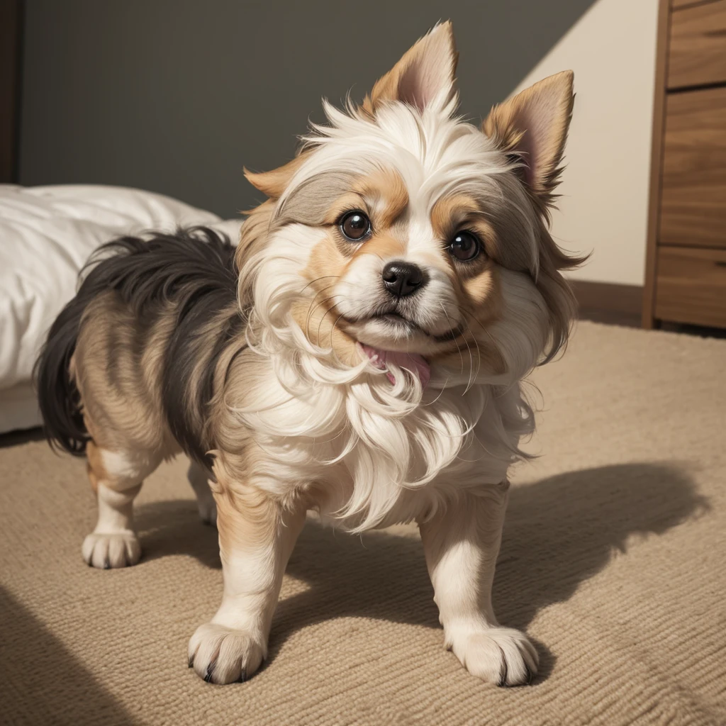 Create a small breed dog with long fur that is waking up happy 