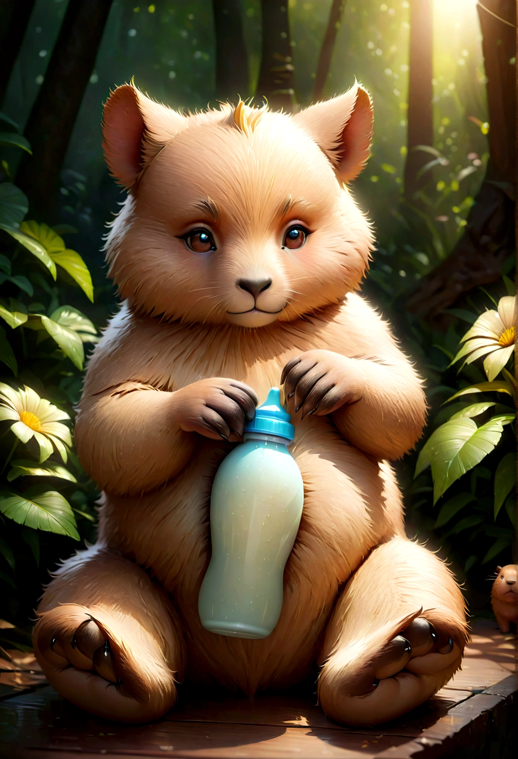 there is a baby capybara, holding a baby bottle in its front paws, adorable digital painting, beautiful digital art detallado, Wojtek FUS, beautiful 3d render, photorealistic disney, furry stylized disney, Art on ArtStation, arte the fan, ultra realistic 3d illustration, beautiful digital art, arte the fantasía peluda, nice detailed artwork, Hyperrealistic rendering, Hyperrealistic rendering