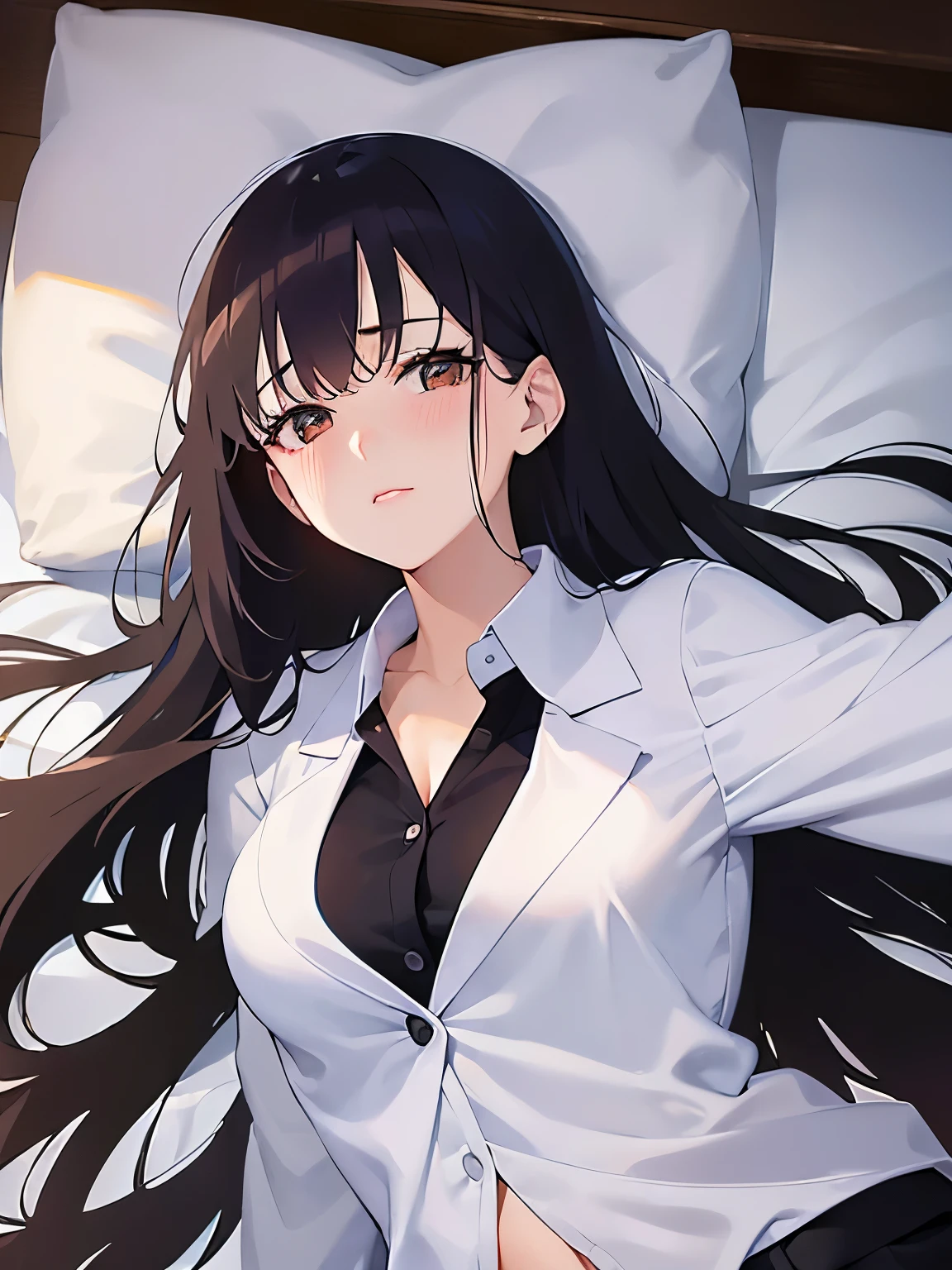 (spread arms:1.5)、(looking at viewer:1.5),
Realistic, real person, (pale skin: 1.2), RAW photo, photorealistic, portrait photography, shiny skin, shiny hair、 (A 35-year-old woman with bangs) and (wavy hair) and (brown hair) and (Orange Eyes) , (business suit:1.5)and (Wearing a white collared shirt)、
(blush:1.5),Cleavage、Lying in bed