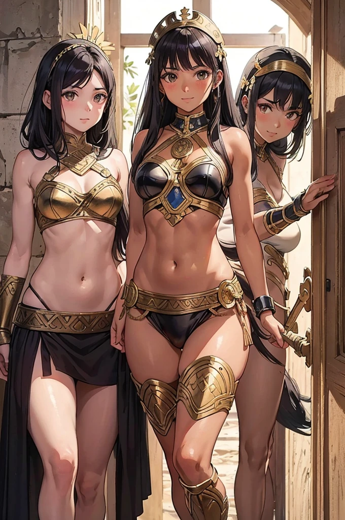 a beautiful Greek warriors girls standing guard at a door, smile , Greek warrior, girls ,tanned skin, tail cover , marked abdomen, ,brown skin, ancient Greece, classical Greece, defined abdomen , warrior woman, black hair,
