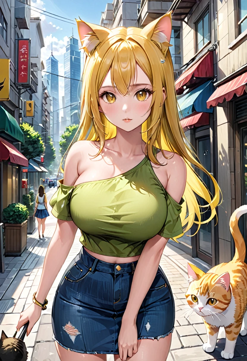 (( straight face picture )) ((best quality)), ((Masterpiece)), (details), Young woman ,cat ears ,yellow hair , according to green ,Yellow shirt with open shoulders , jeans skirt , has a tail, big breasts, ,city