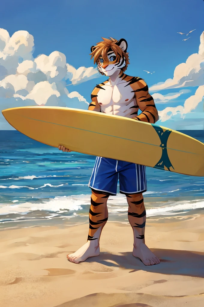 A young tiger, 18 years old, shirtless, blue shorts, holding a surfboard.  on the beach